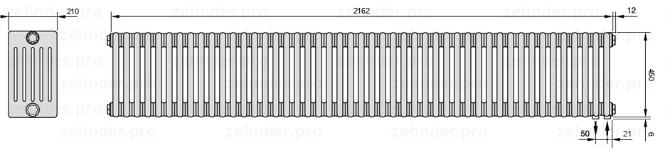 Схема (чертеж) Радиатор Zehnder Charleston 6045/47 №5510 Белый глянцевый RAL 9016